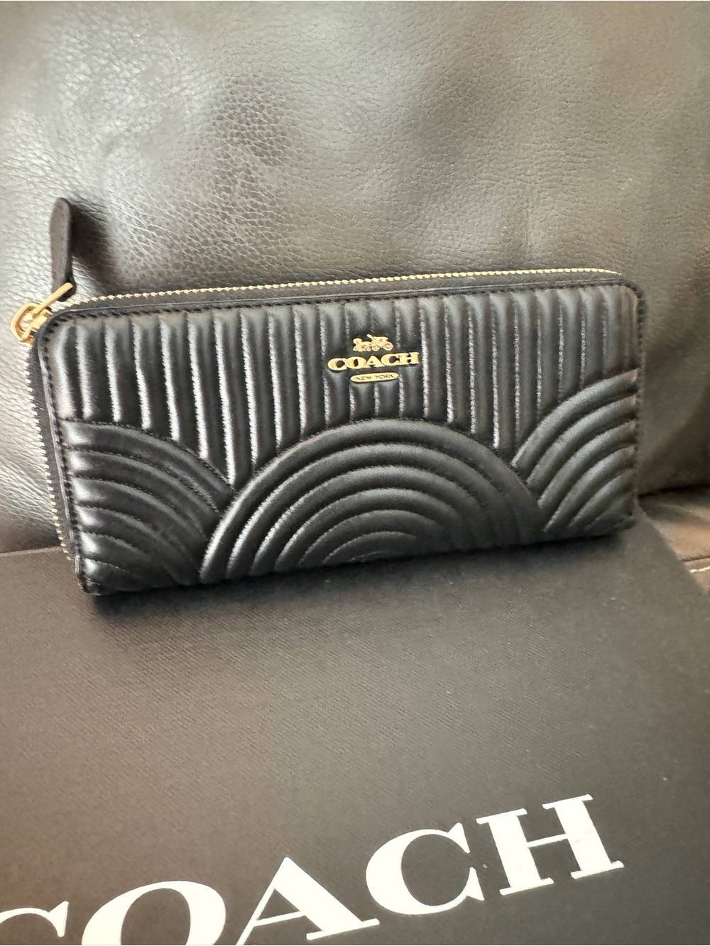 Coach Black Quilted Zip-Around Leather Wallet with Gold Logo